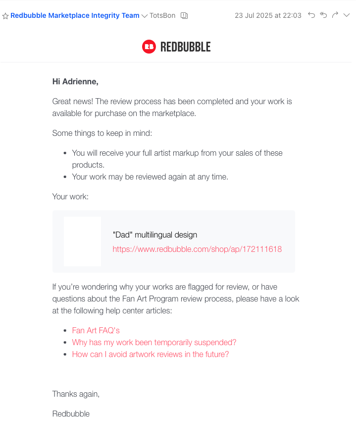 Redbubble reviewed process completed