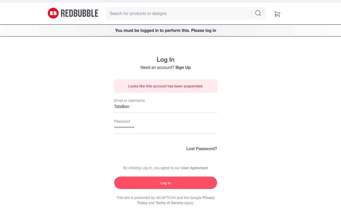 Redbubble suspended account screenshot